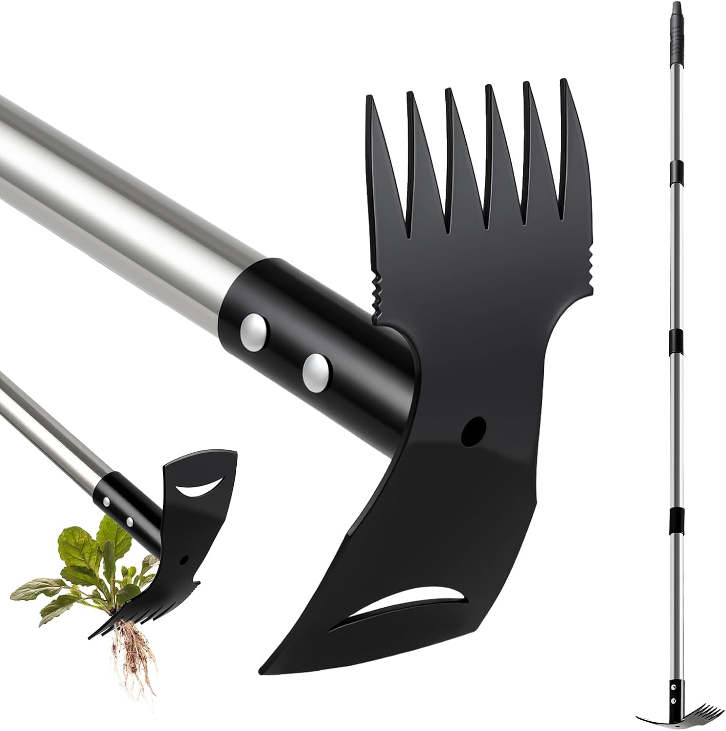 Weed Puller Tool with Long Handle(58IN), 2-in-1 Gardening Hand Tools Weeds Remover, Weeder Rake & Garden Hoe Combo, Manual Weeding Puller Tool for Garden Yard Patio Lawn