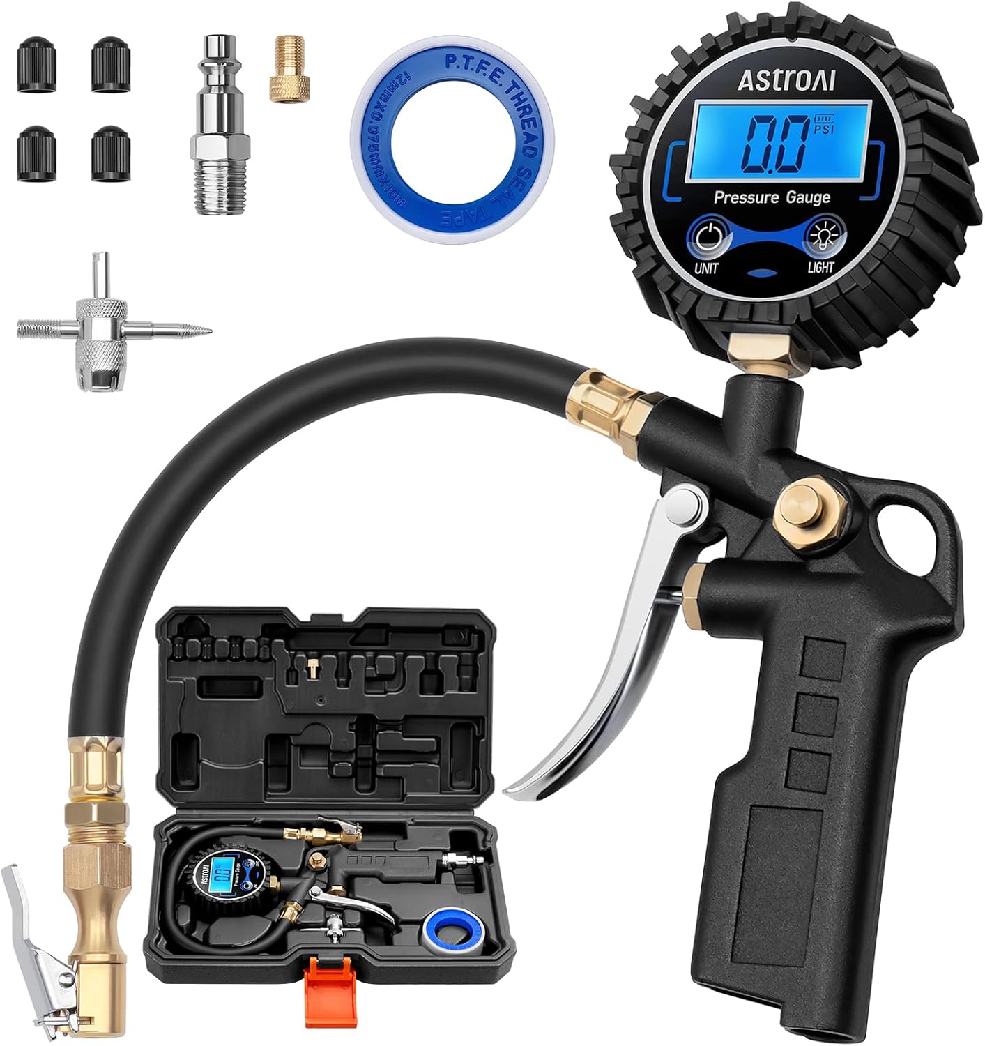 Digital Tire Pressure Gauge with Inflator, 3-250 PSI Air Chuck & Compressor Accessories Heavy Duty with Quick Connect Coupler, 0.1 Display Resolution, 1pack