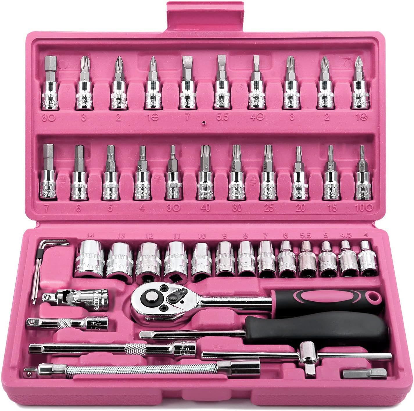 46 Pieces 1/4 inch Drive Socket Ratchet Wrench Set, with Bit Socket Set Metric and Extension Bar for Auto Repairing and Household, with Storage Case
