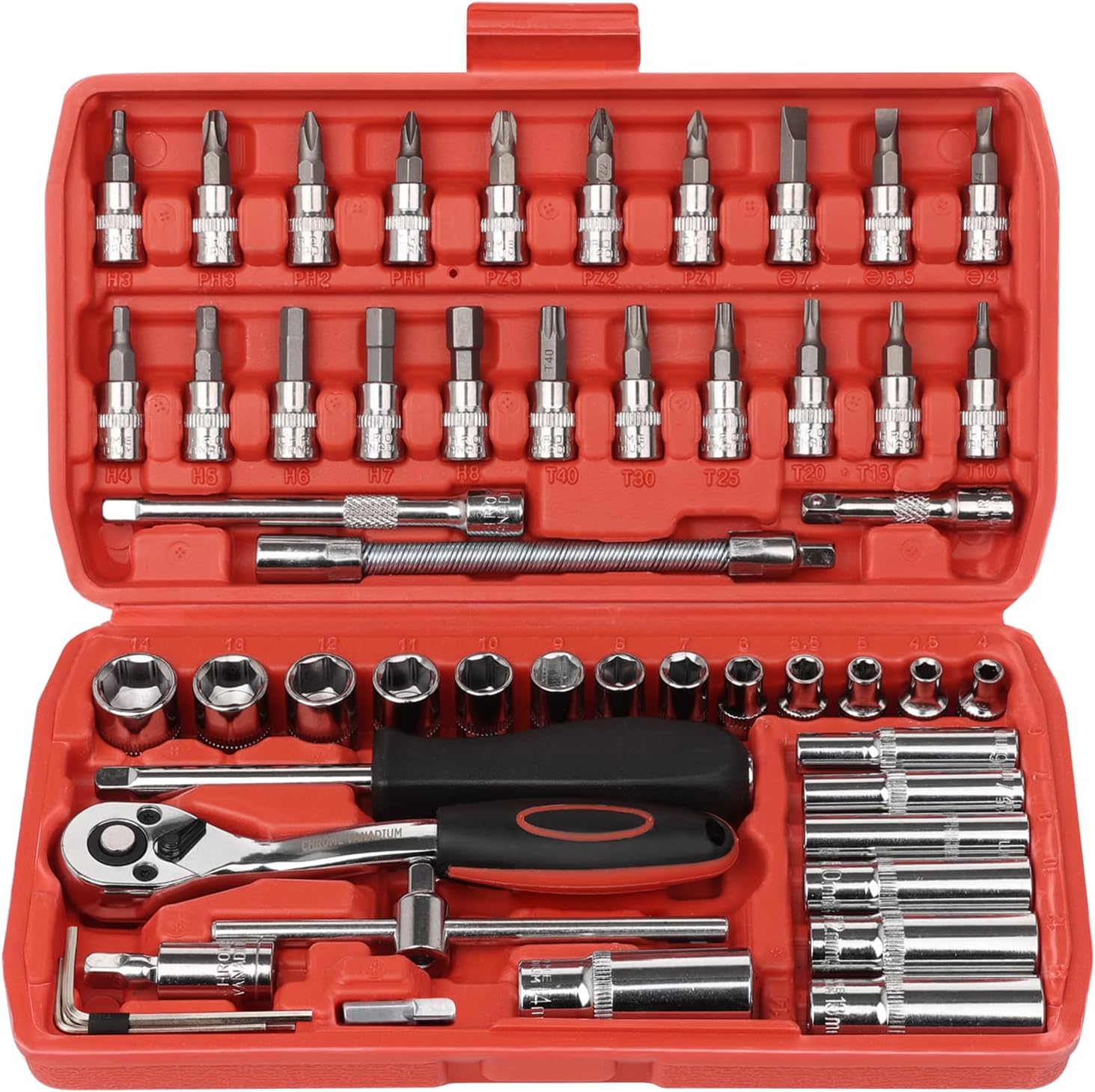 46 Pieces 1/4 inch Drive Socket Ratchet Wrench Set, with Bit Socket Set Metric and Extension Bar for Auto Repairing and Household, with Storage Case
