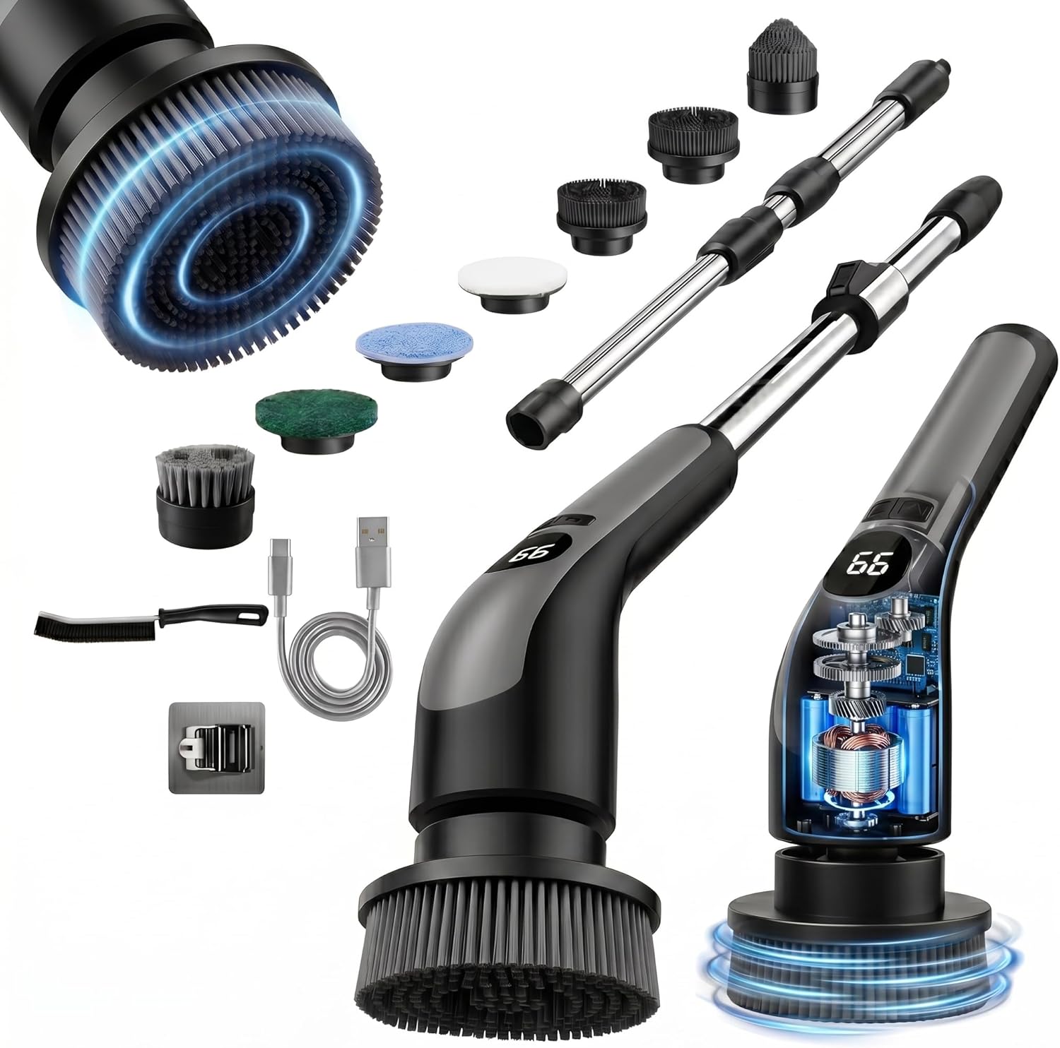 Electric Spin Scrubber with LCD Display, Cordless Clearning Scrubber for Home, Upgraded 70W High-Power Motor, IPX7 Waterproof Dual Speed Power Scrubber, 7 Brush Heads, Extendable Long Handle