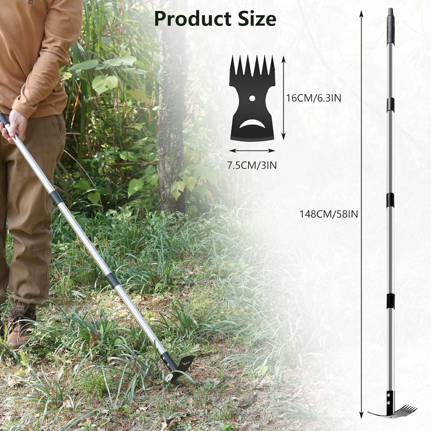 Weed Puller Tool with Long Handle(58IN), 2-in-1 Gardening Hand Tools Weeds Remover, Weeder Rake & Garden Hoe Combo, Manual Weeding Puller Tool for Garden Yard Patio Lawn