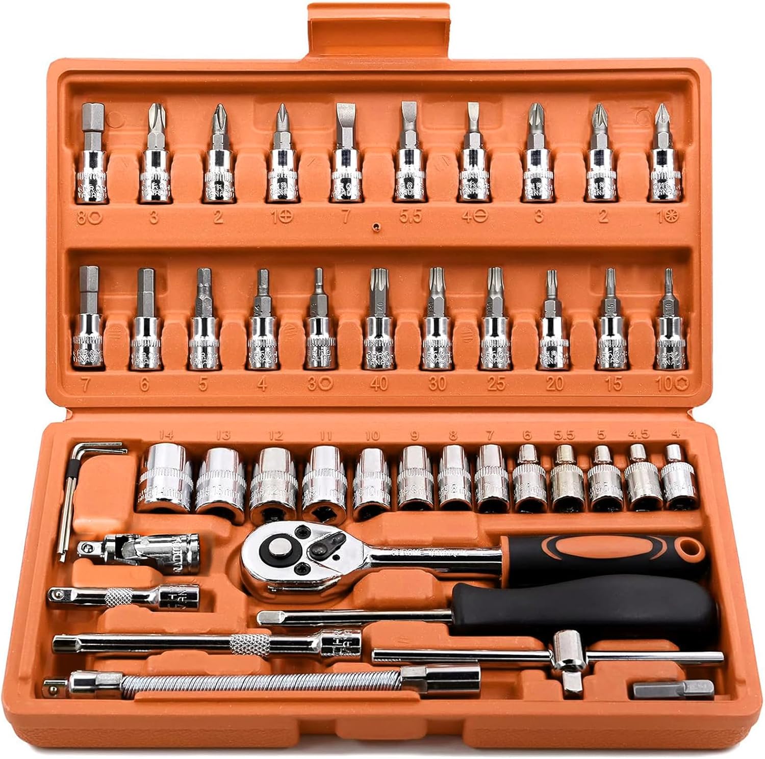 46 Pieces 1/4 inch Drive Socket Ratchet Wrench Set, with Bit Socket Set Metric and Extension Bar for Auto Repairing and Household, with Storage Case