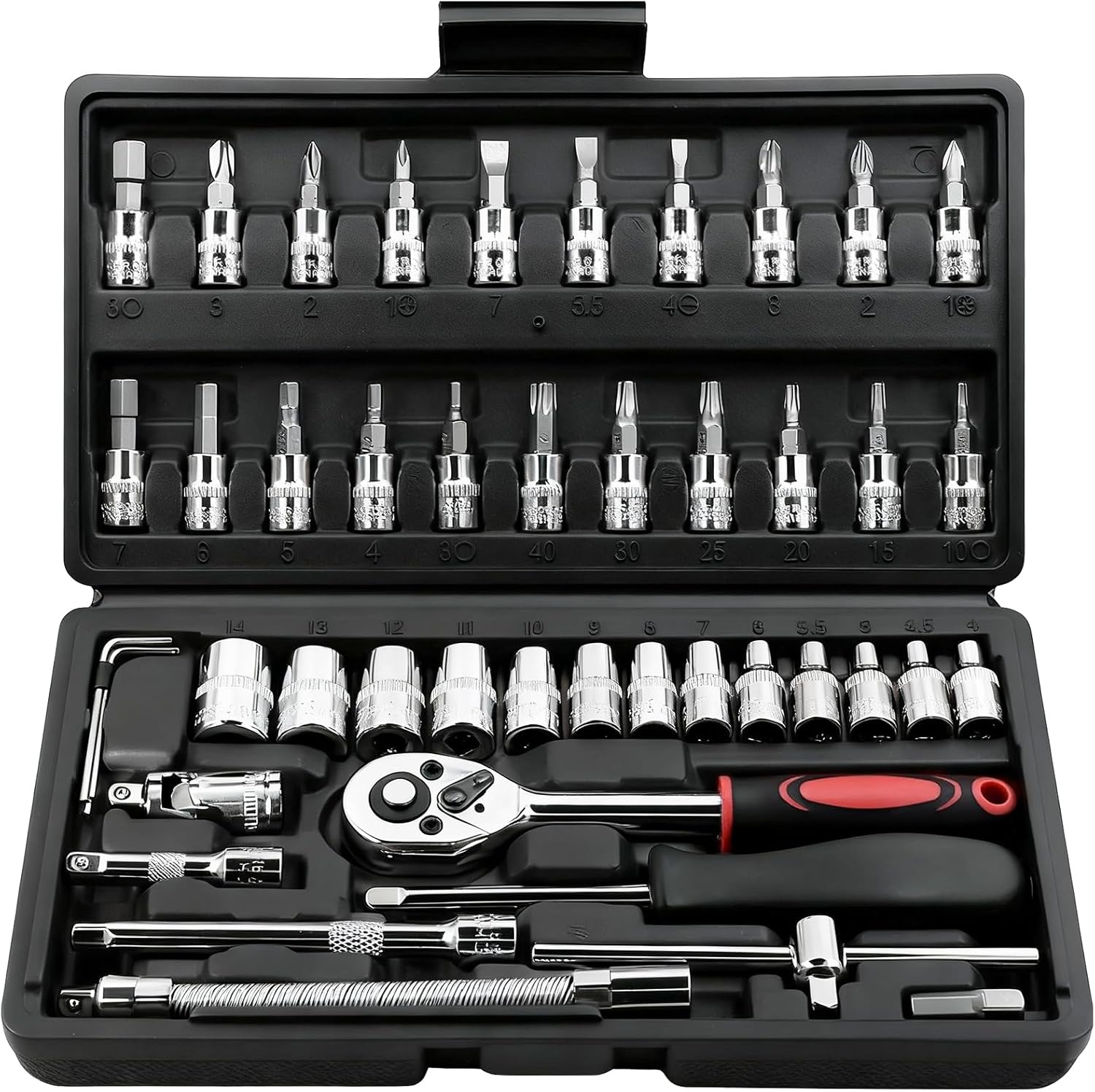 46 Pieces 1/4 inch Drive Socket Ratchet Wrench Set, with Bit Socket Set Metric and Extension Bar for Auto Repairing and Household, with Storage Case