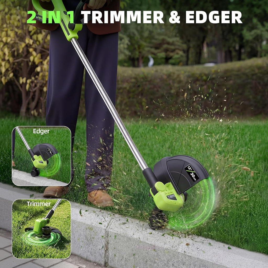 21V Weed Wacker Cordless & Lawn Edger, 9000RPM Electric Weed Eater with 2x2.0Ah Battery, 12" Auto Line Feed String Trimmer with 8 Pcs Spools, Lightweight Edger Lawn Tool for Yard, Green