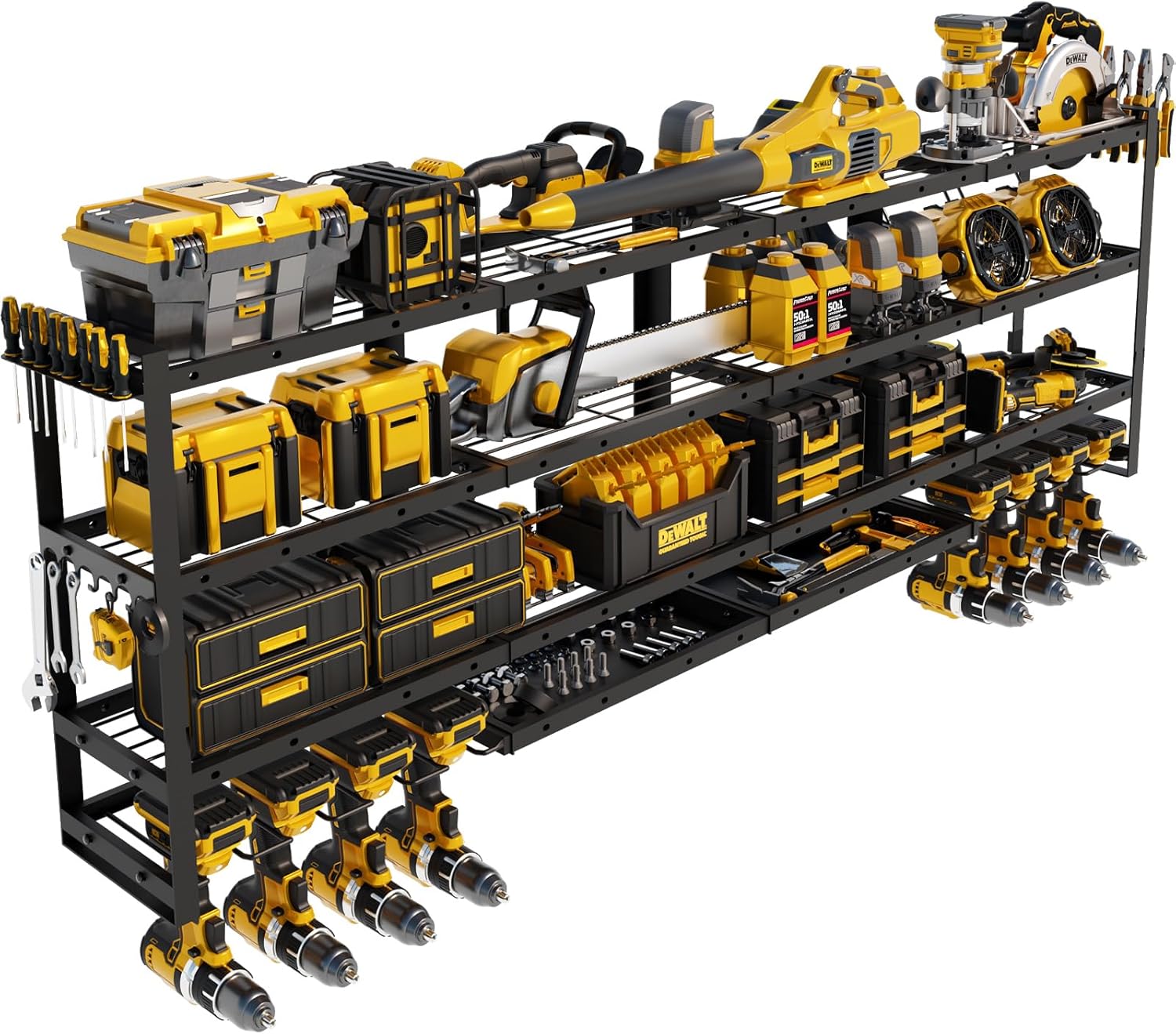 Large 49''W Power Tool Organizer Wall Mount | 620lbs Garage Storage Rack with 12 Cordless Drill Holder | 4-Tier Heavy Duty Utility Shelf for Battery Workshop Organization