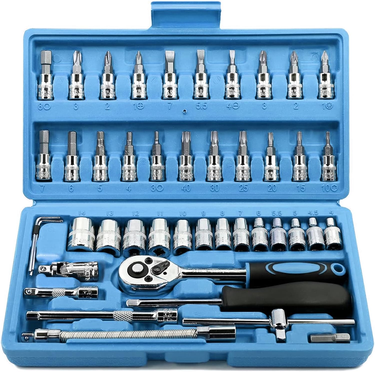 46 Pieces 1/4 inch Drive Socket Ratchet Wrench Set, with Bit Socket Set Metric and Extension Bar for Auto Repairing and Household, with Storage Case