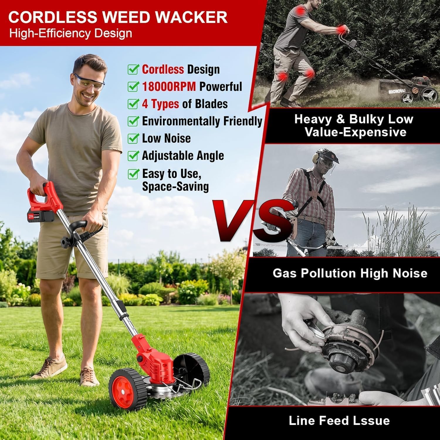 Cordless Weed Wacker Electric Grass Trimmer 21V Battery Powered Weed Trimmer, 3-in-1 Brush Cutter Weed Cutter Lawn Edger with 3 Types Blade & Wheels Lightweight for Garden and Yard Lawn