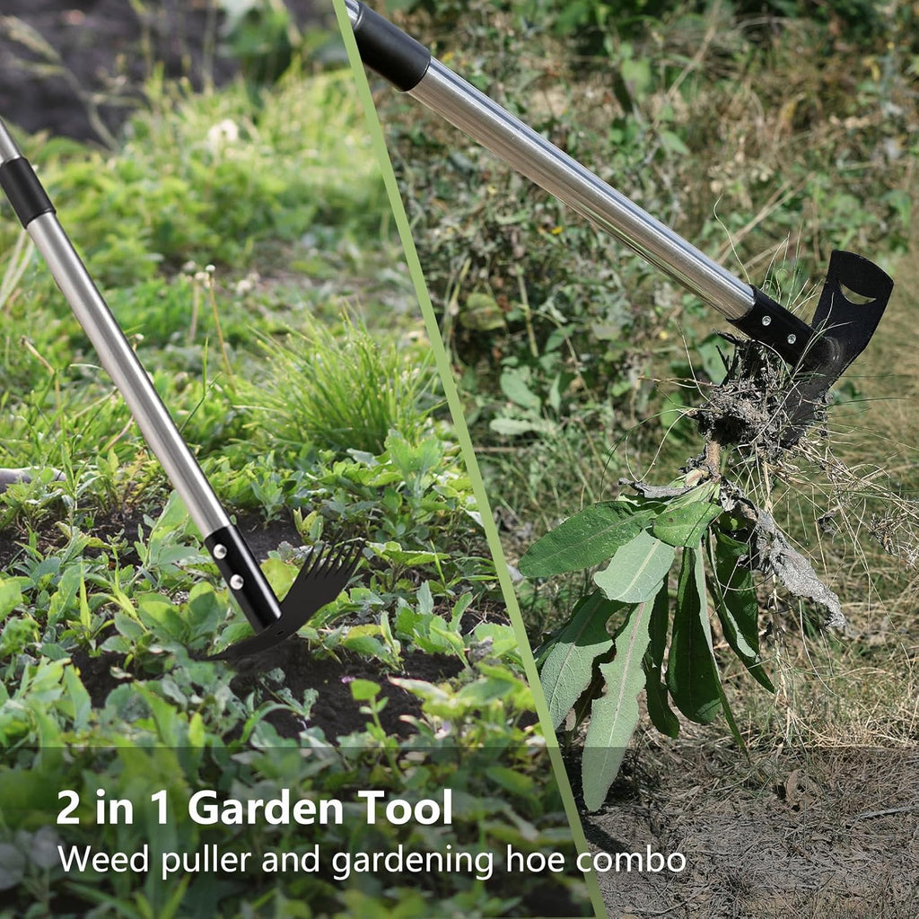 Weed Puller Tool with Long Handle(58IN), 2-in-1 Gardening Hand Tools Weeds Remover, Weeder Rake & Garden Hoe Combo, Manual Weeding Puller Tool for Garden Yard Patio Lawn