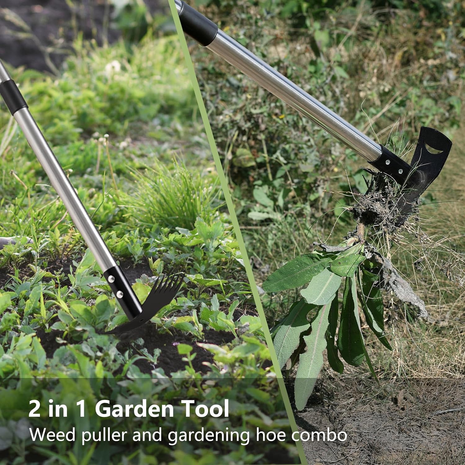 Weed Puller Tool with Long Handle(58IN), 2-in-1 Gardening Hand Tools Weeds Remover, Weeder Rake & Garden Hoe Combo, Manual Weeding Puller Tool for Garden Yard Patio Lawn