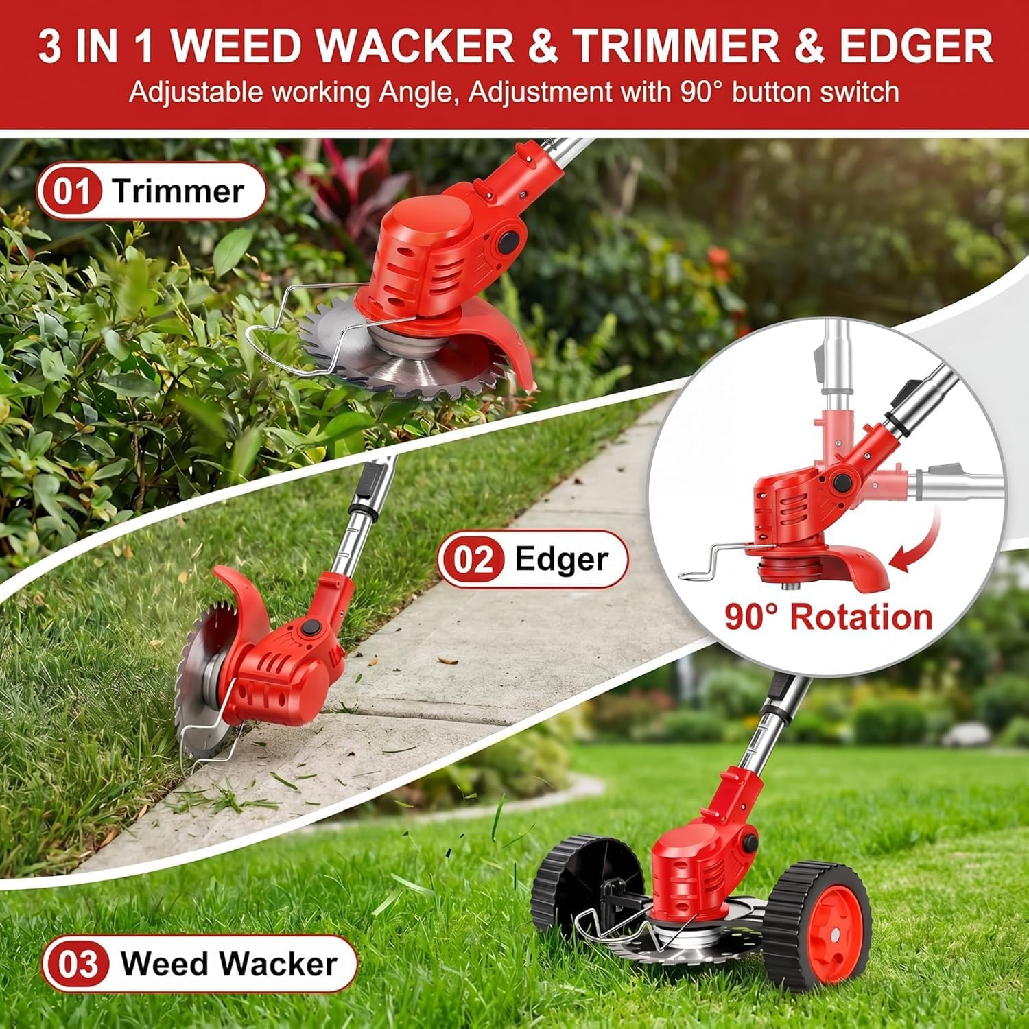 Cordless Weed Wacker Electric Grass Trimmer 21V Battery Powered Weed Trimmer, 3-in-1 Brush Cutter Weed Cutter Lawn Edger with 3 Types Blade & Wheels Lightweight for Garden and Yard Lawn