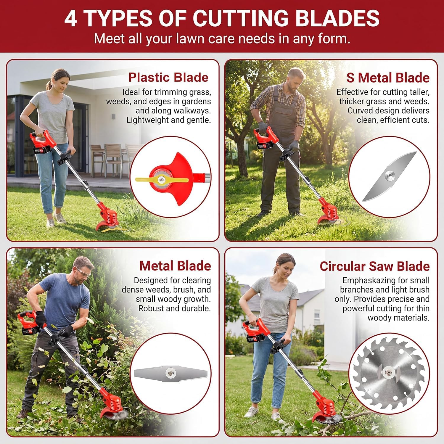 Cordless Weed Wacker Electric Grass Trimmer 21V Battery Powered Weed Trimmer, 3-in-1 Brush Cutter Weed Cutter Lawn Edger with 3 Types Blade & Wheels Lightweight for Garden and Yard Lawn