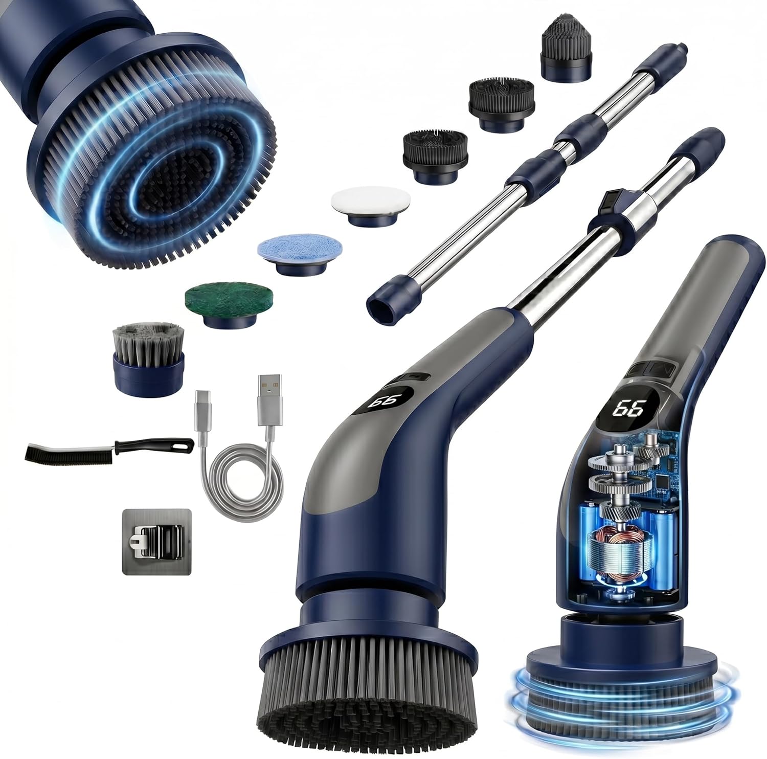 Electric Spin Scrubber with LCD Display, Cordless Clearning Scrubber for Home, Upgraded 70W High-Power Motor, IPX7 Waterproof Dual Speed Power Scrubber, 7 Brush Heads, Extendable Long Handle