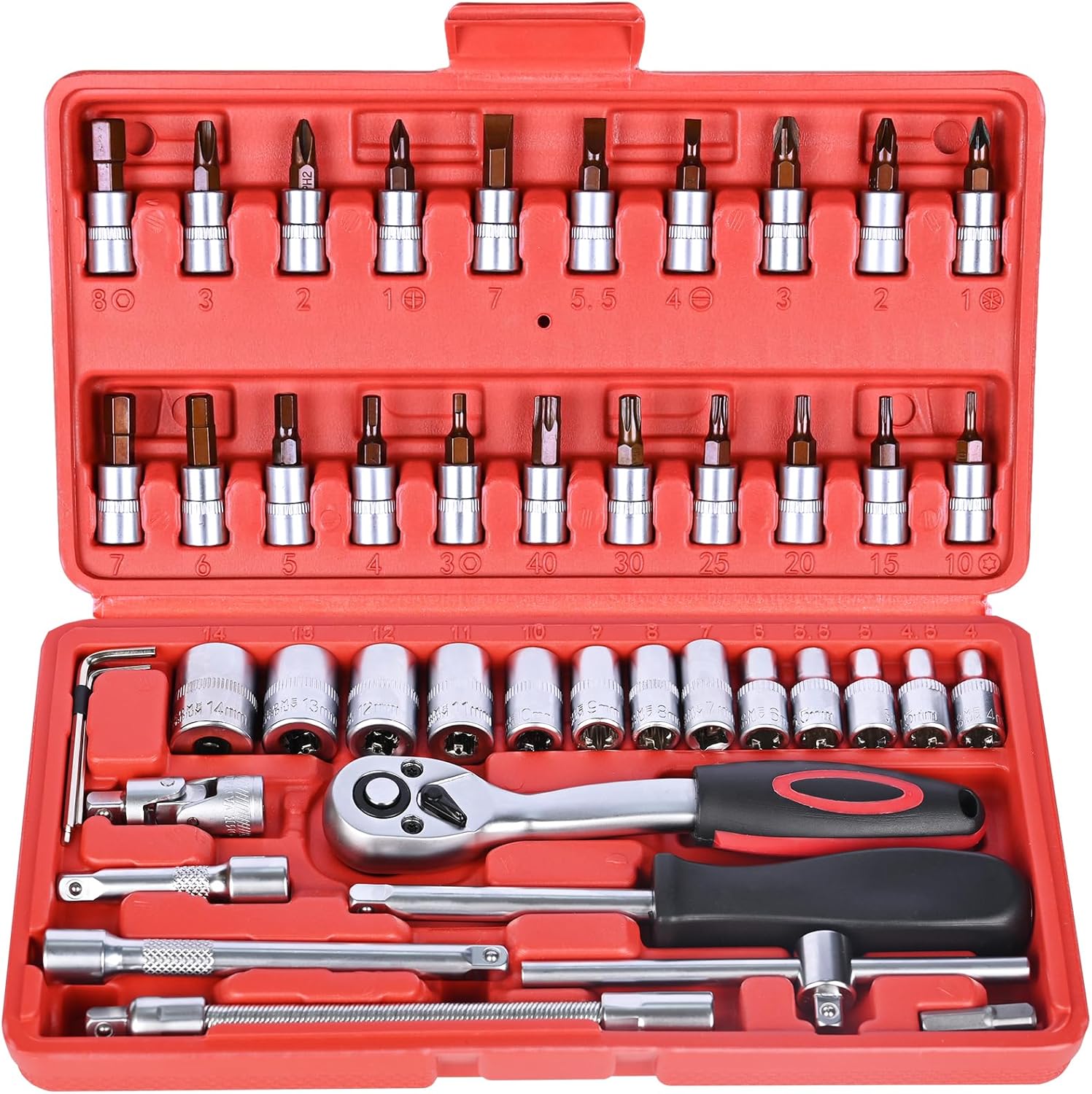 46 Pieces 1/4 inch Drive Socket Ratchet Wrench Set, with Bit Socket Set Metric and Extension Bar for Auto Repairing and Household, with Storage Case